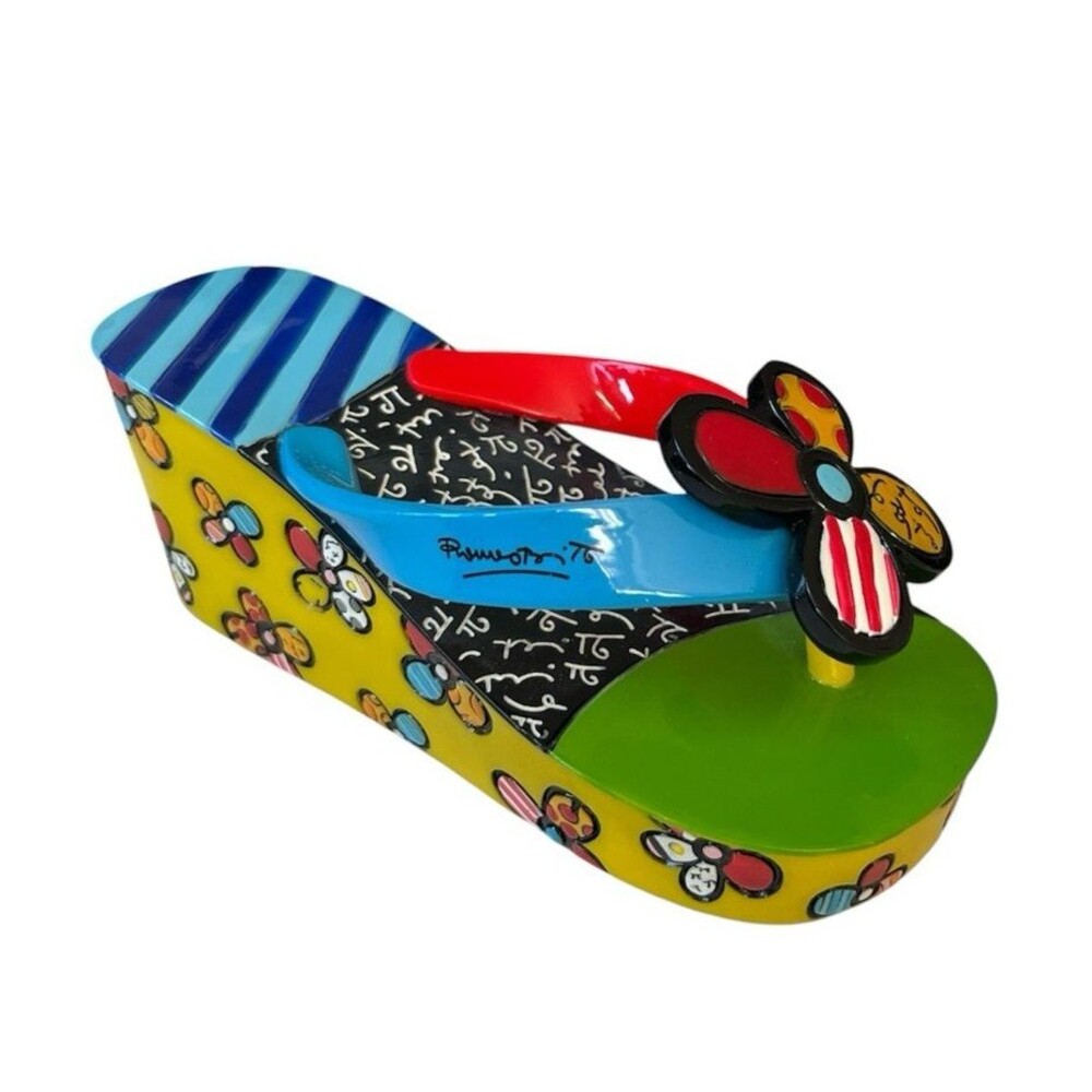 Pop Art Romero Britto Flip Flop Shoe Figurine Floral Vivid Colors No 14072